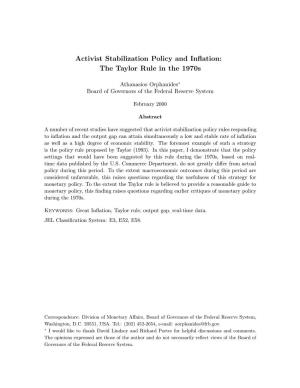 Activist Stabilization Policy and Inflation: the Taylor Rule in the 1970S