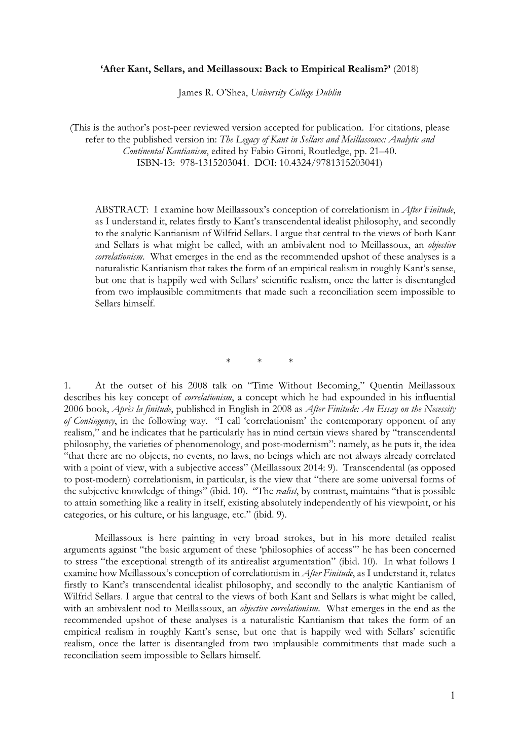 After Kant, Sellars, and Meillassoux: Back to Empirical Realism?’ (2018)