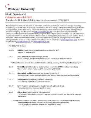 Music Department Colloquium Series Fall 2020 Thursdays | 4:40–6:10Pm | Online
