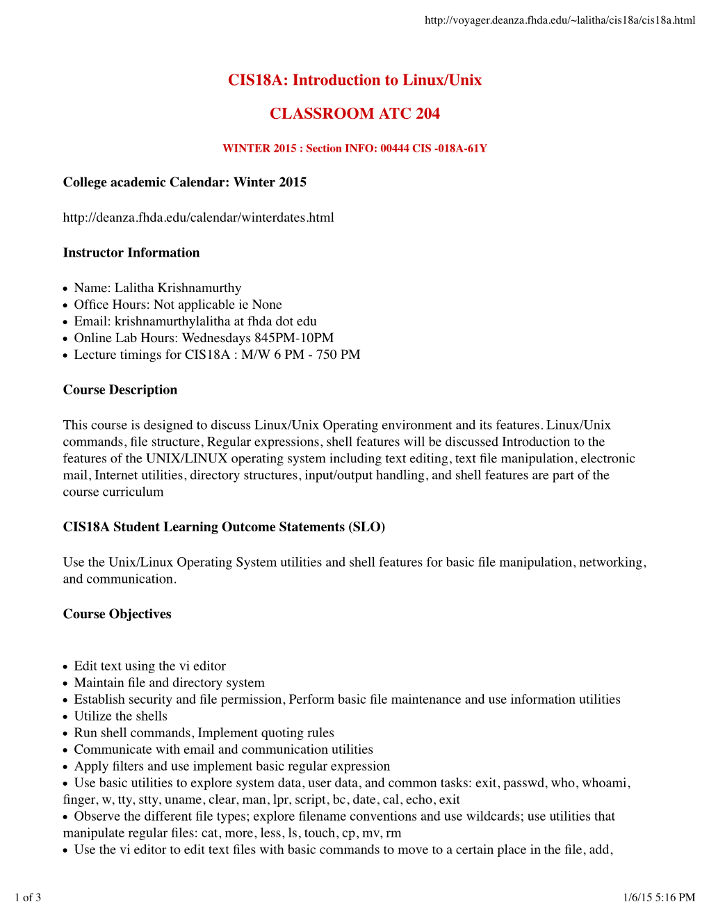 CIS18A: Introduction to Linux/Unix CLASSROOM ATC