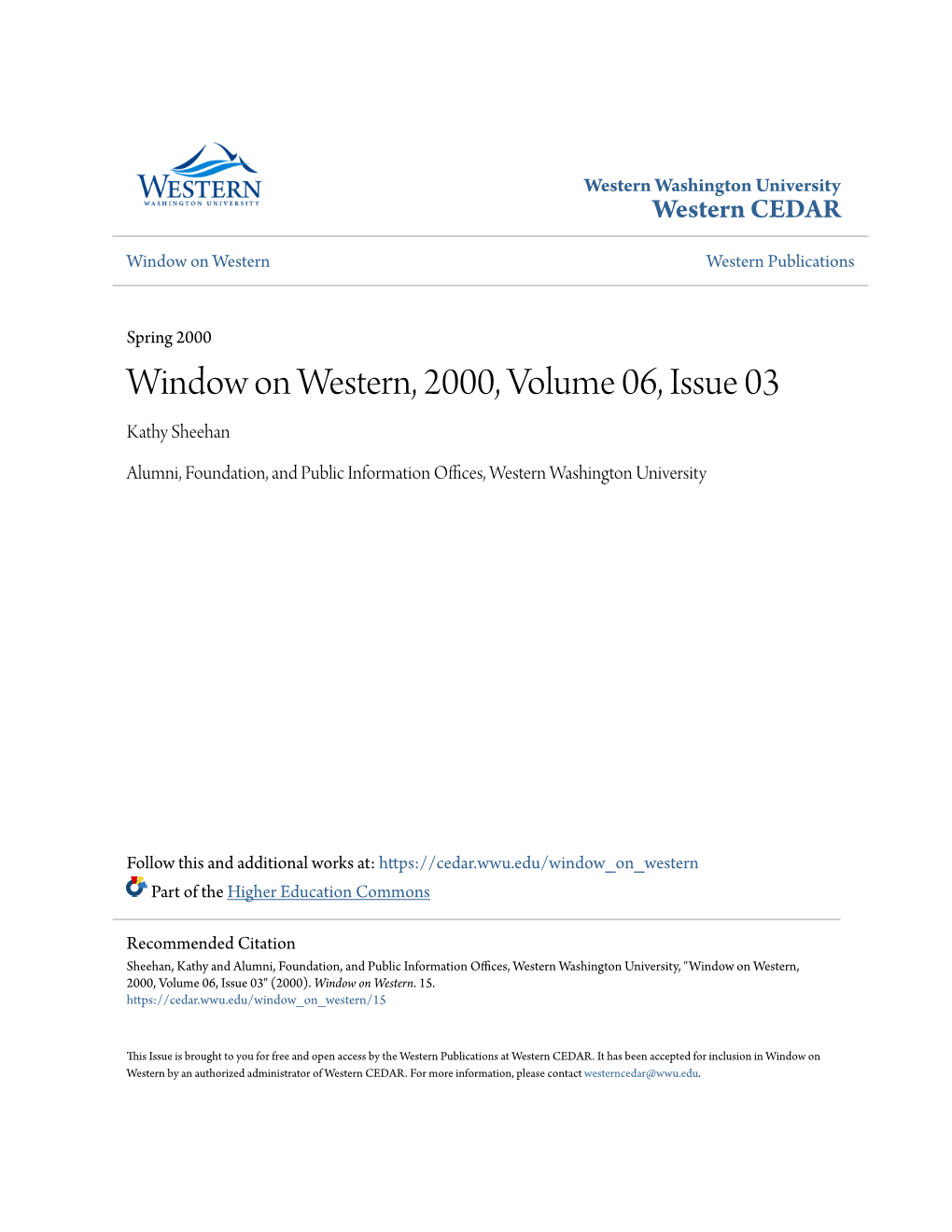 Window on Western, 2000, Volume 06, Issue 03 Kathy Sheehan