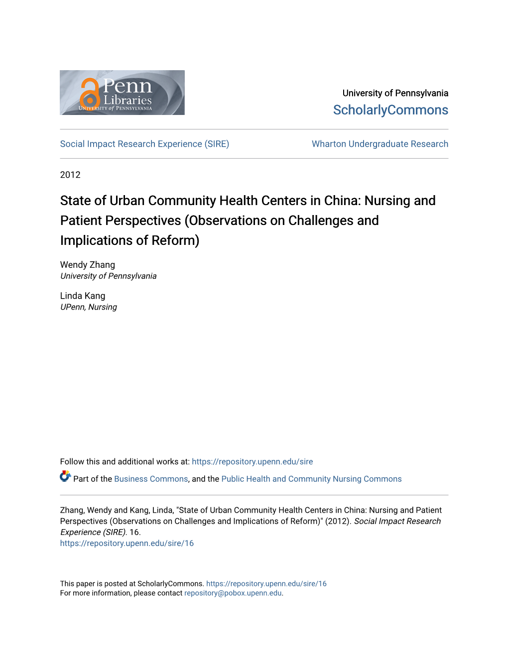 State of Urban Community Health Centers in China: Nursing and Patient Perspectives (Observations on Challenges and Implications of Reform)