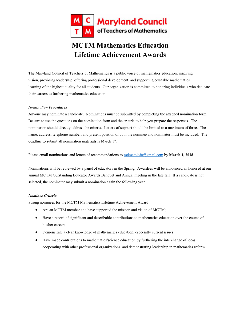 MCTM Mathematics Education Lifetime Achievement Awards