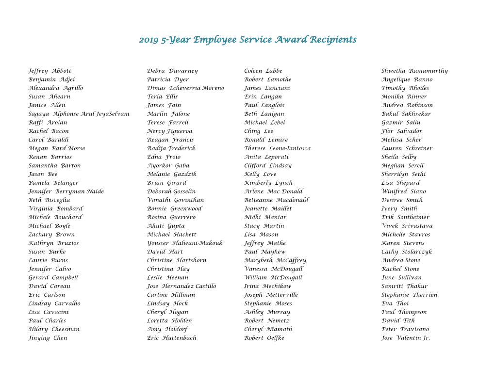 2019 5-Year Employee Service Award Recipients