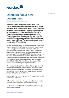 Denmark Has a New Government Nordea Research, 30 June 2015