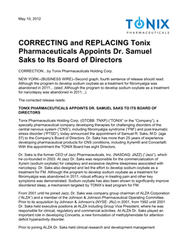 CORRECTING and REPLACING Tonix Pharmaceuticals Appoints Dr. Samuel Saks to Its Board of Directors