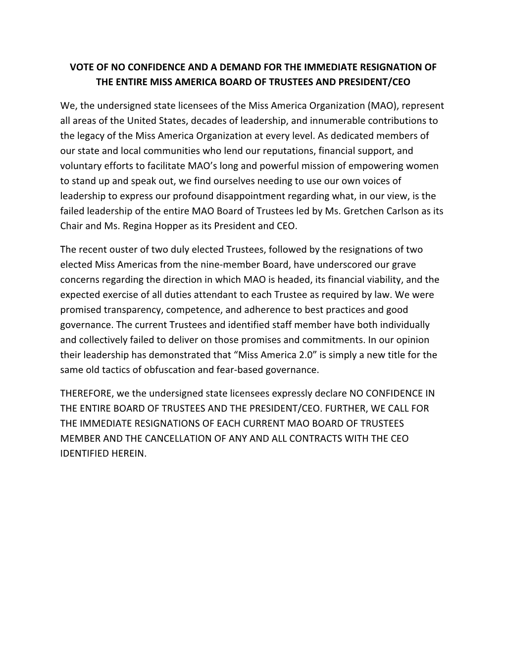 Vote of No Confidence and a Demand for the Immediate Resignation of the Entire Miss America Board of Trustees and President/Ceo