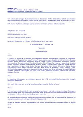 Organo: INAIL Documento: Circolare N. 9 Del 1 Febbraio 1975 Oggetto: Istituzione Delle Sede Provinciale Di Oristano