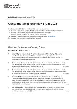 Questions Tabled on Friday 4 June 2021