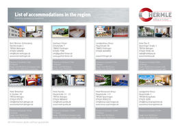 List of Accommodations in the Region (Listed by Distance to Gosheim)