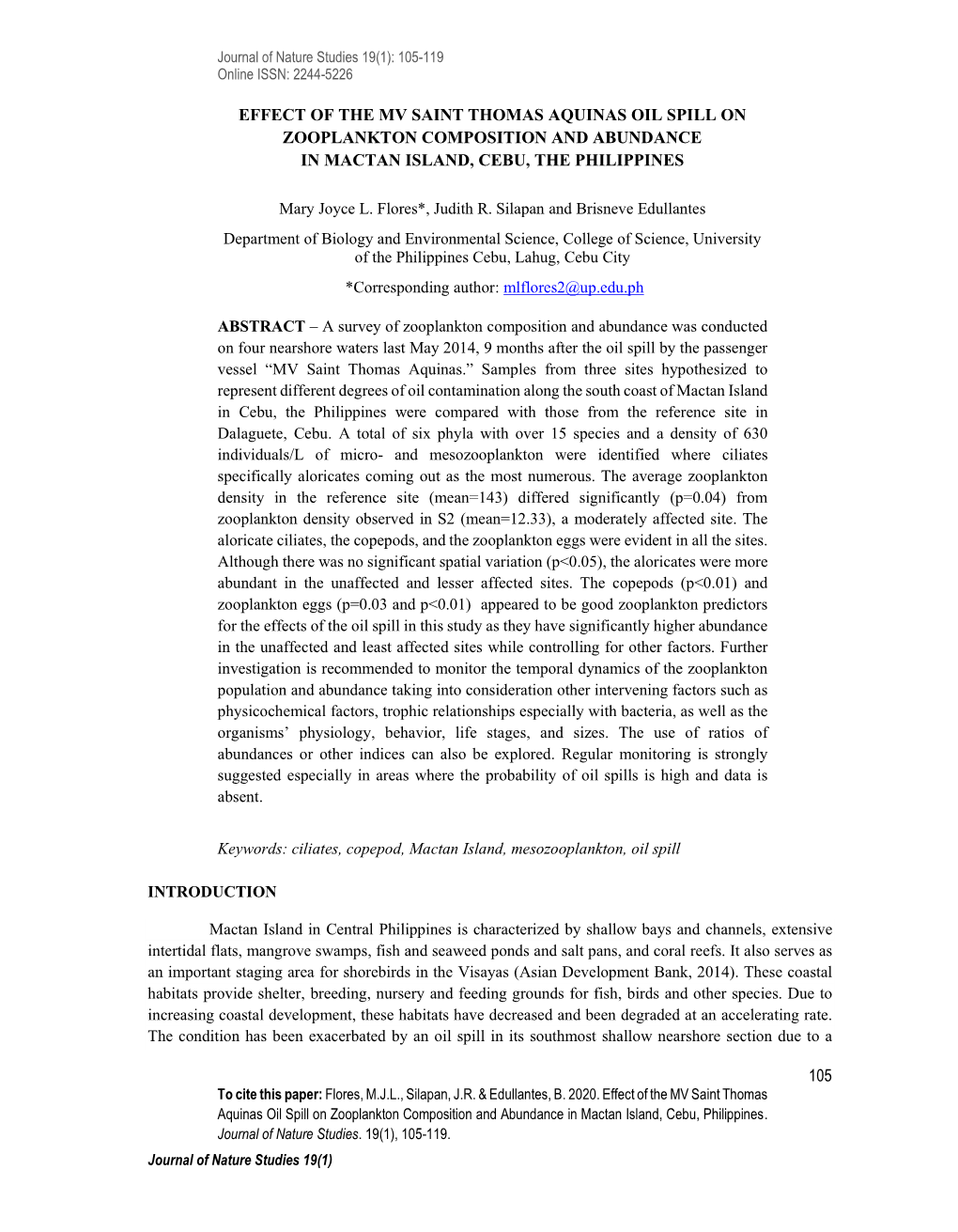 Effect of the Mv Saint Thomas Aquinas Oil Spill on Zooplankton Composition and Abundance in Mactan Island, Cebu, the Philippines