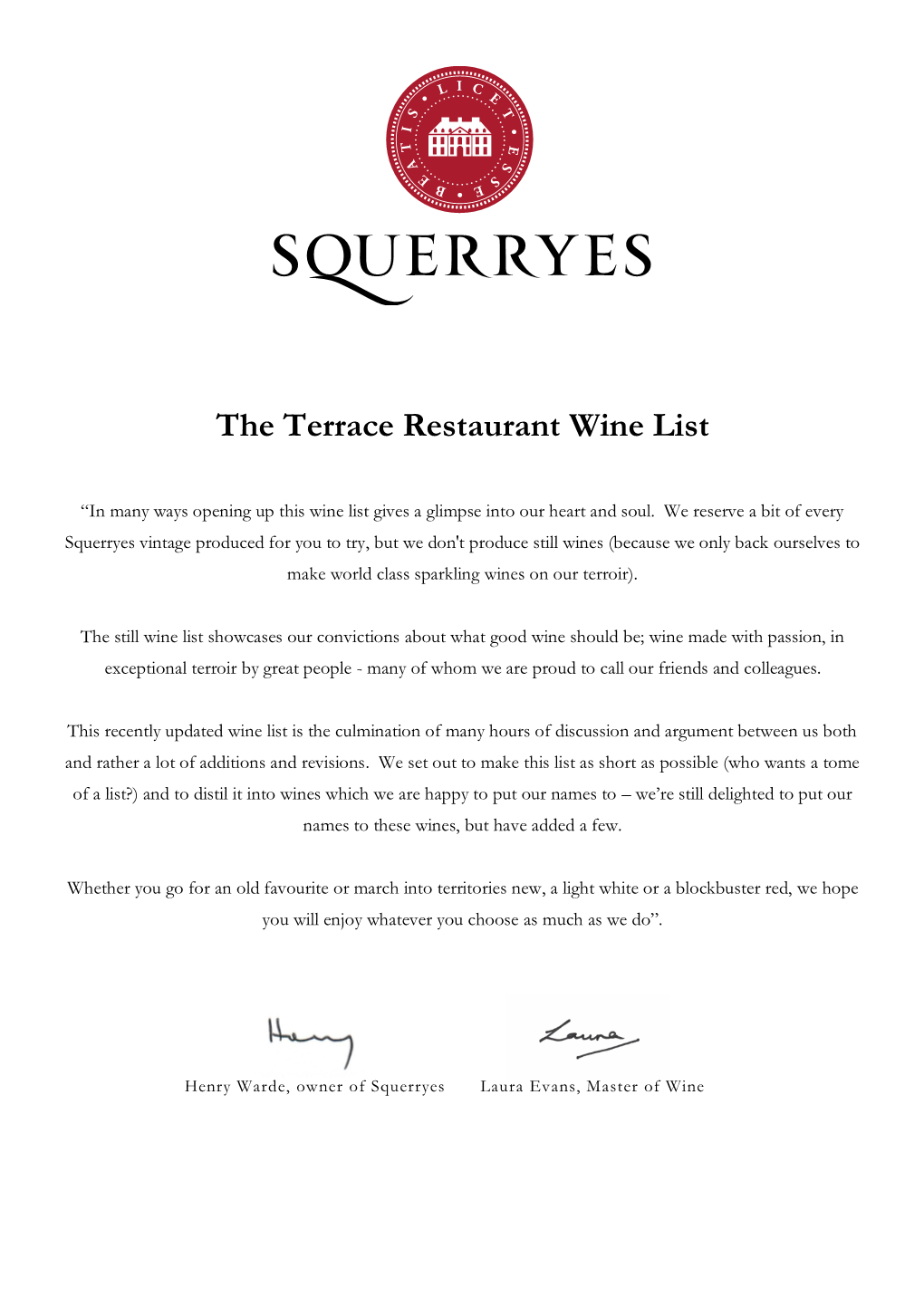 The Terrace Restaurant Wine List