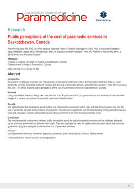 Research Public Perceptions of the Cost of Paramedic Services in Saskatchewan, Canada