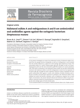 Halistanol Sulfate a and Rodriguesines a and B Are Antimicrobial and Antibiofilm Agents Against the Cariogenic Bacterium Streptococcus Mutans