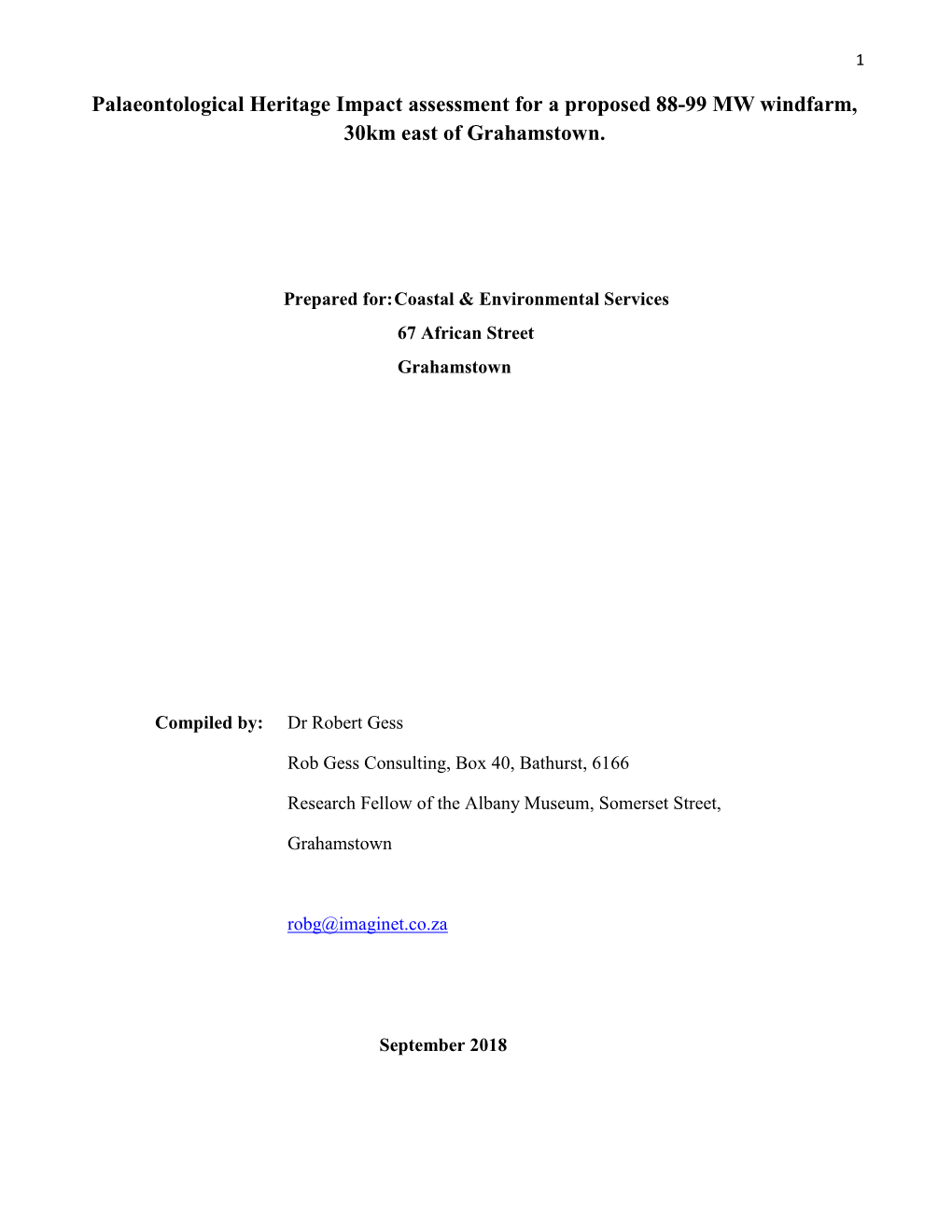 Palaeontological Heritage Impact Assessment for a Proposed 88-99 MW Windfarm, 30Km East of Grahamstown