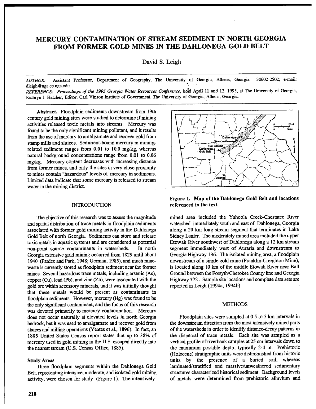 Mercury Contamination of Stream Sediment in North Georgia from Former Gold Mines in the Dahlonega Gold Belt