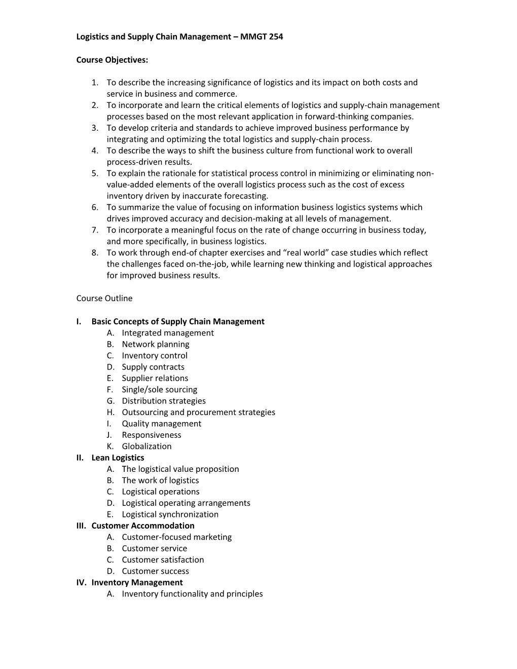 Logistics and Supply Chain Management – MMGT 254