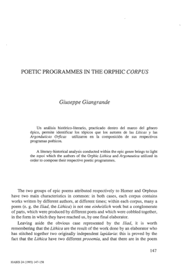 POETIC PROGRAMMES in the ORPHIC CORPUS Giuseppe