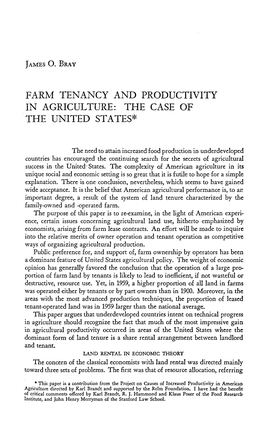 Farm Tenancy and Productivity in Agriculture: the Case of the United St a Tes*
