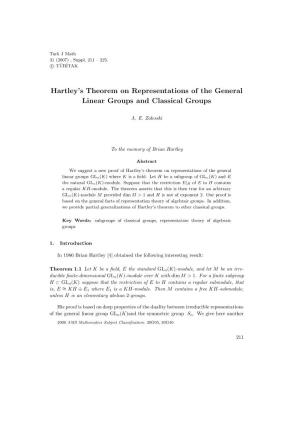 Hartley's Theorem on Representations of the General Linear Groups And