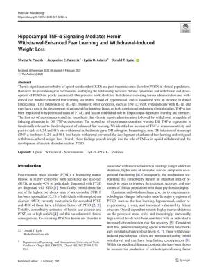 Hippocampal TNF-Α Signaling Mediates Heroin Withdrawal-Enhanced Fear Learning and Withdrawal-Induced Weight Loss
