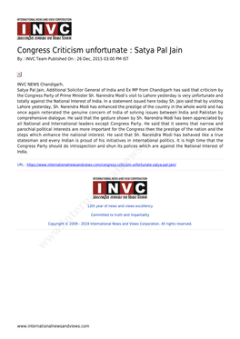 Congress Criticism Unfortunate : Satya Pal Jain by : INVC Team Published on : 26 Dec, 2015 03:00 PM IST