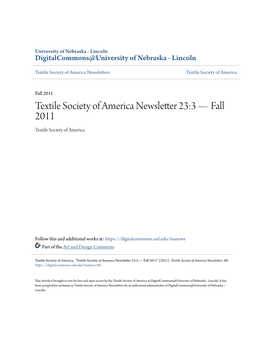 Textile Society of America Newsletter 23:3 — Fall 2011 Textile Society of America