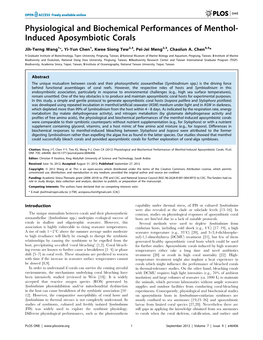 Physiological and Biochemical Performances of Menthol- Induced Aposymbiotic Corals