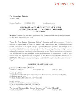 For Immediate Release ASIAN ART SALES at CHRISTIE's NEW