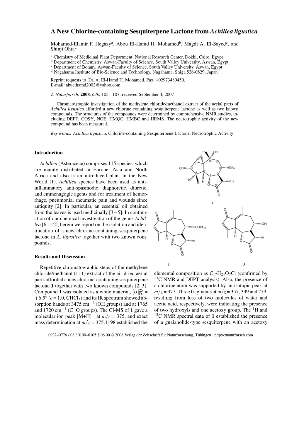 A New Chlorine-Containing Sesquiterpene Lactone from Achillea Ligustica