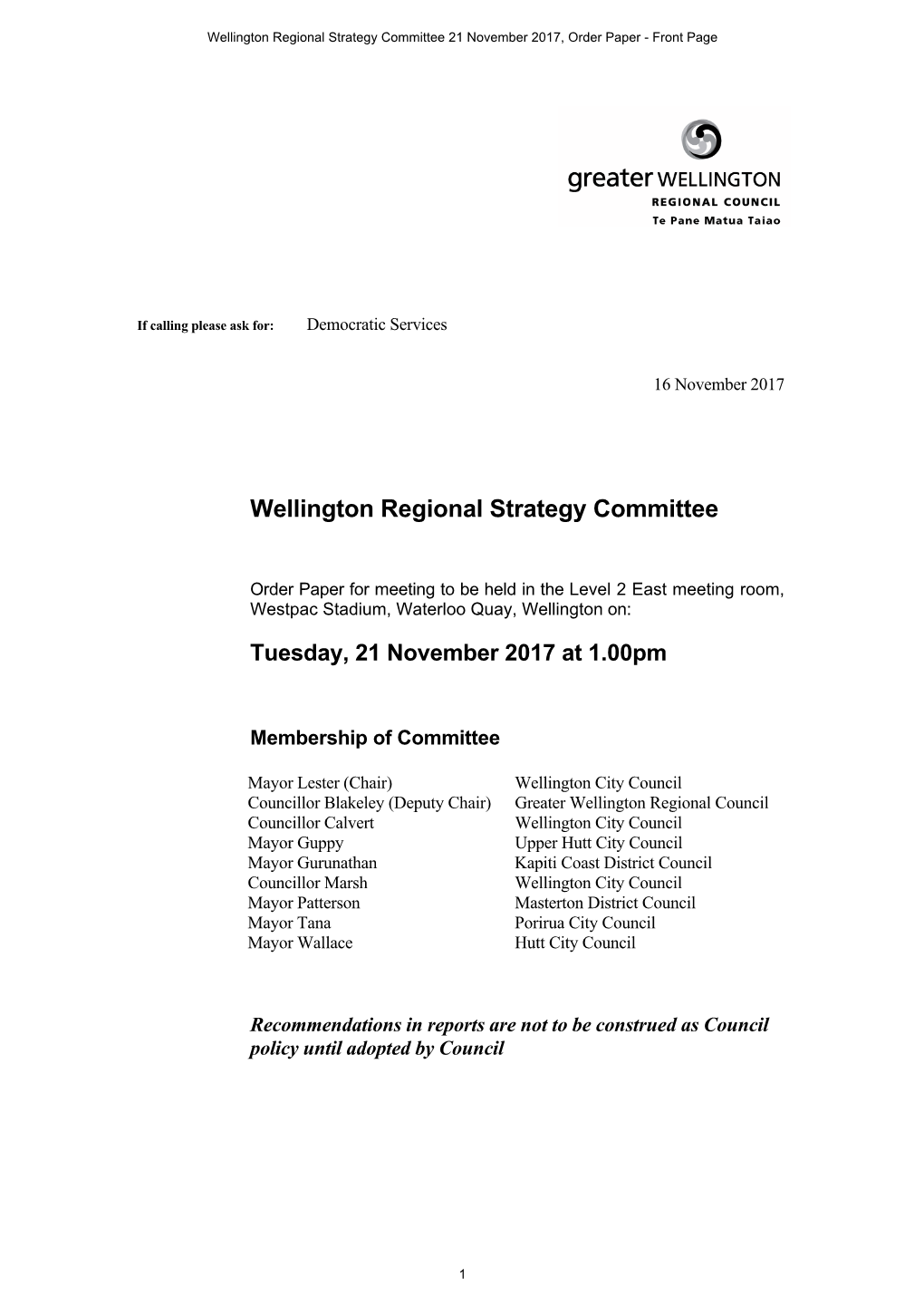 Wellington Regional Strategy Committee 21 November 2017, Order Paper - Front Page