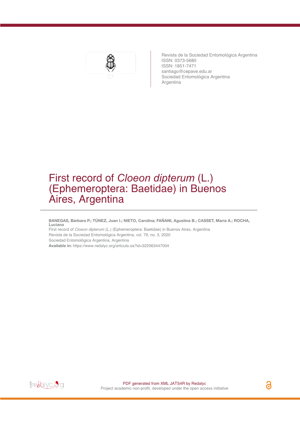 First Record of Cloeon Dipterum (L.) (Ephemeroptera: Baetidae) in Buenos Aires, Argentina