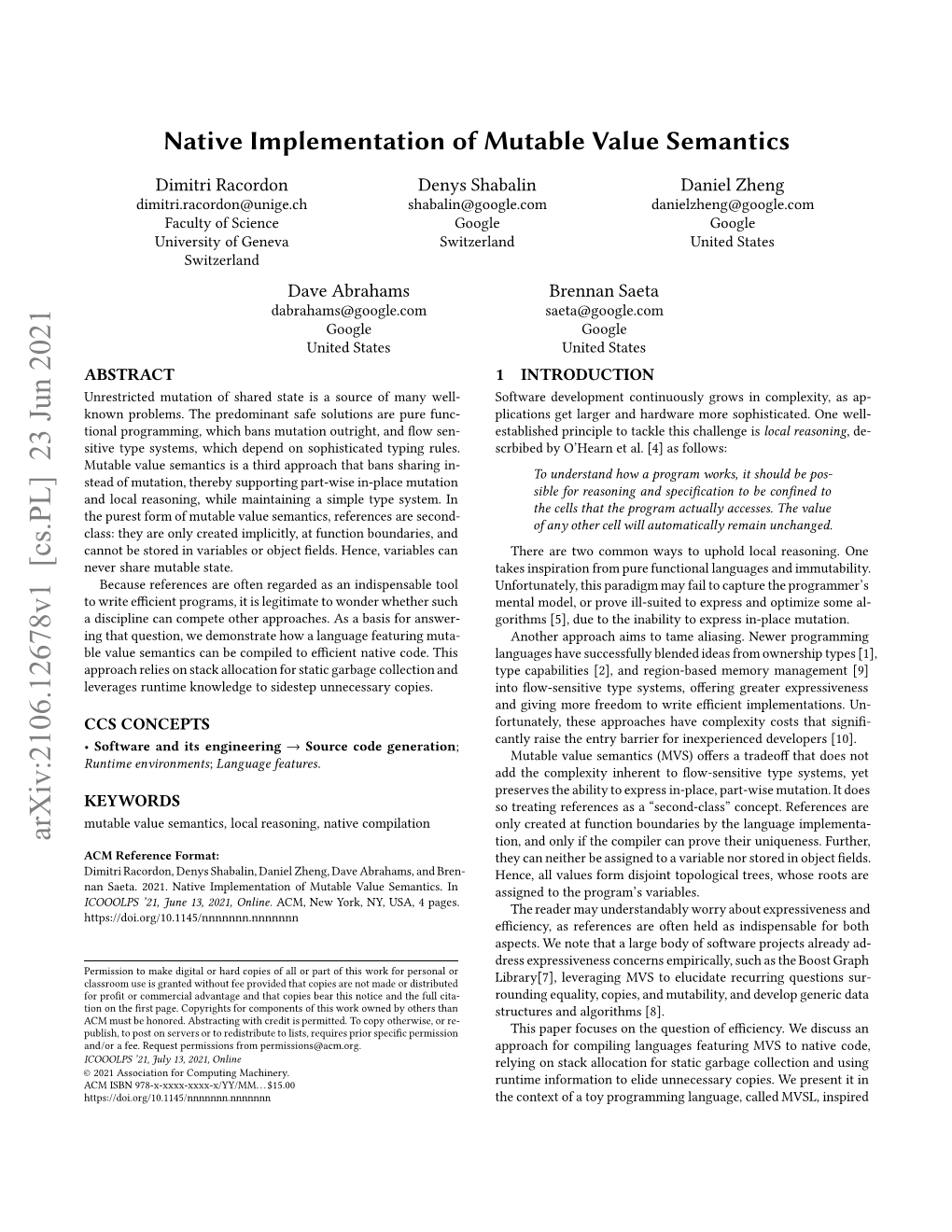 Native Implementation of Mutable Value Semantics ICOOOLPS ’21, July 13, 2021, Online