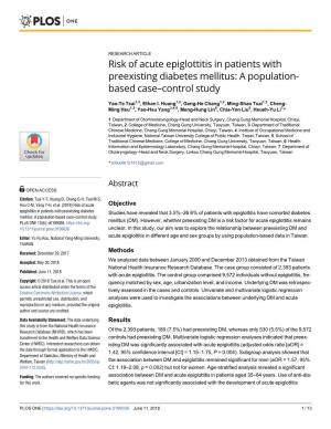 Risk of Acute Epiglottitis in Patients with Preexisting Diabetes Mellitus: a Population- Based Case–Control Study