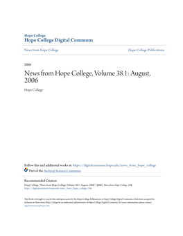 News from Hope College, Volume 38.1: August, 2006 Hope College