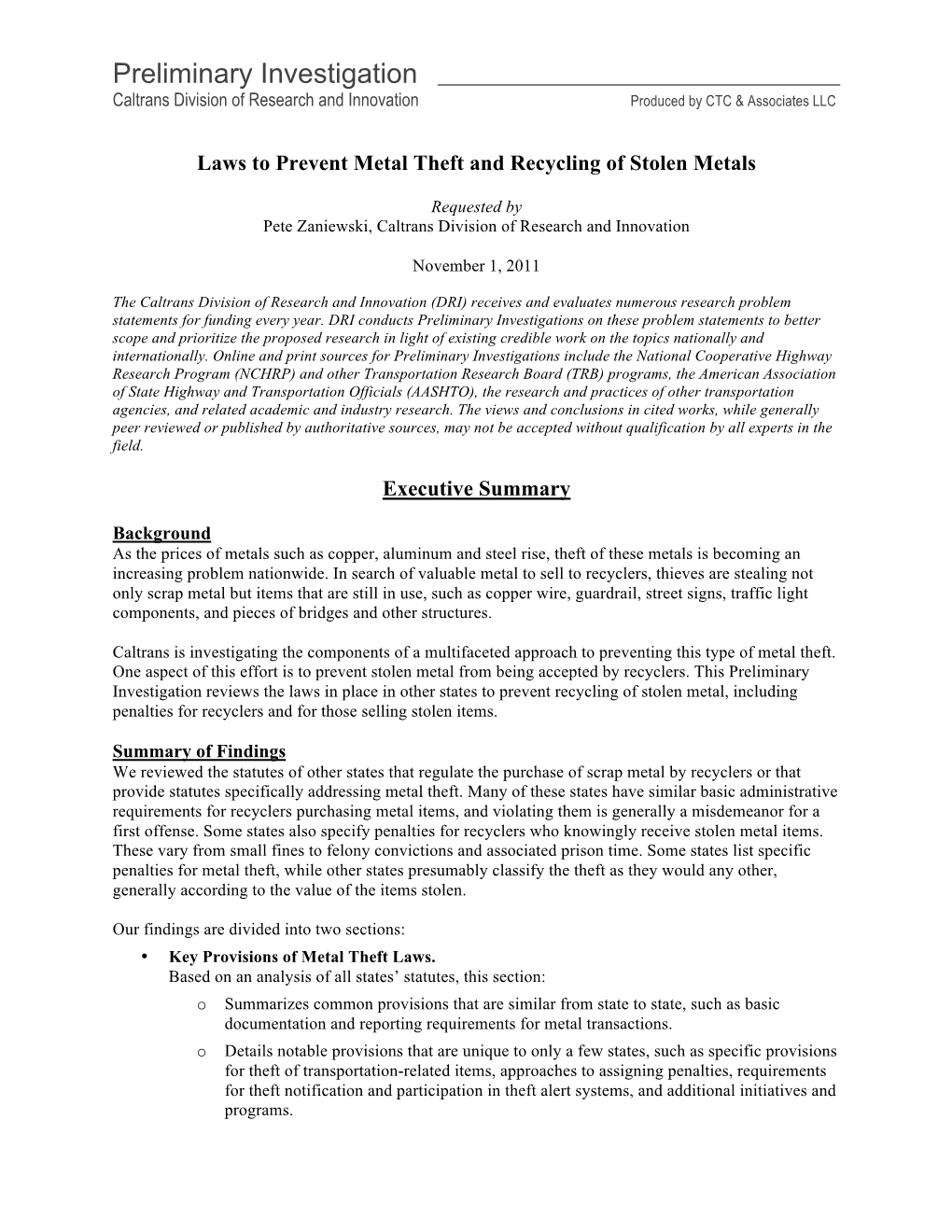 Recycling of Stolen Metals Preliminary Investigation 11-1-11