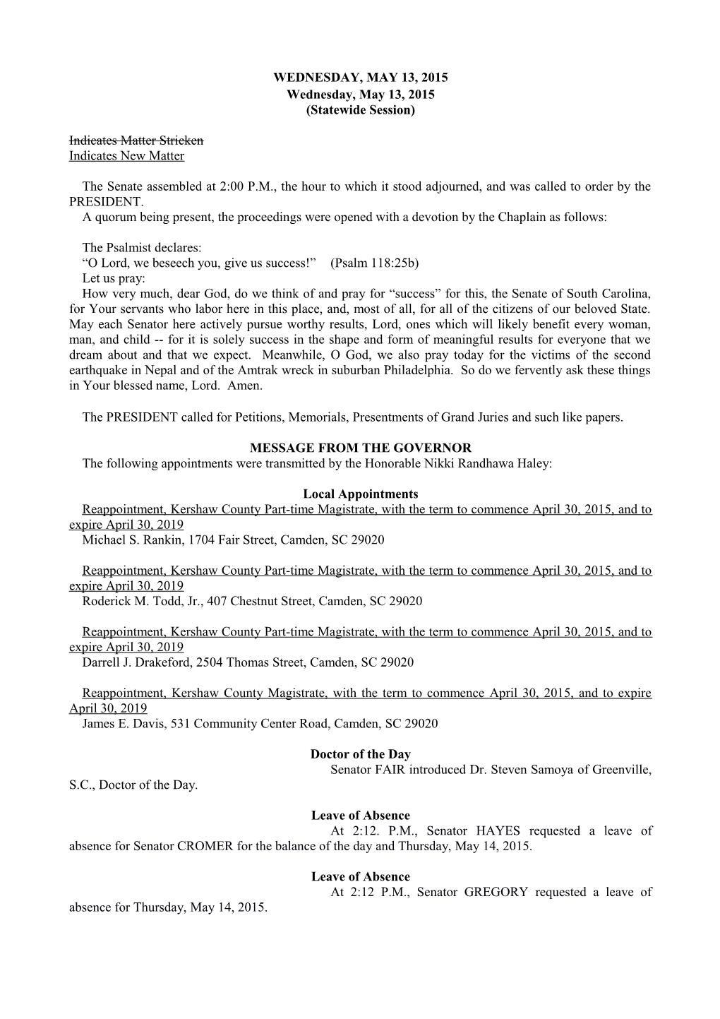 Senate Journal for 5/13/2015 - South Carolina Legislature Online