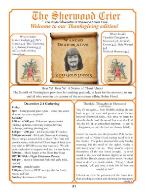 The Sherwood Crier the Insider Newsletter of Sherwood Forest Faire Welcome to Our Thanksgiving Edition!