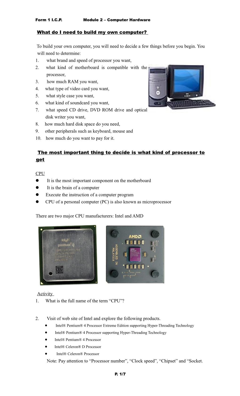 Form 1 I.C.P. Module 2 Computer Hardware