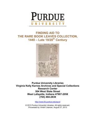 FINDING AID to the RARE BOOK LEAVES COLLECTION, 1440 – Late 19/20Th Century