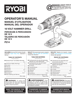 Manuel D'utilisation Manual Del Operador 18 Volt Hammer Drill