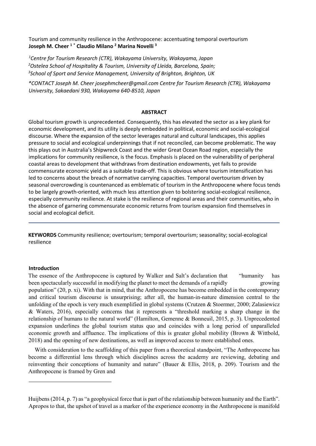 Tourism and Community Resilience in the Anthropocene: Accentuating Temporal Overtourism Joseph M