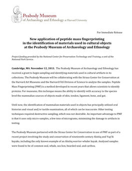 New Application of Peptide Mass Fingerprinting in the Identification of Materials Used in Cultural Objects at the Peabody Museum of Archaeology and Ethnology