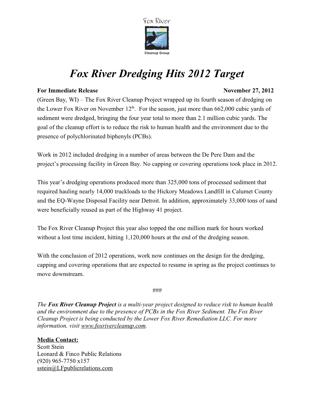 Fox River Dredging Hits 2012 Target