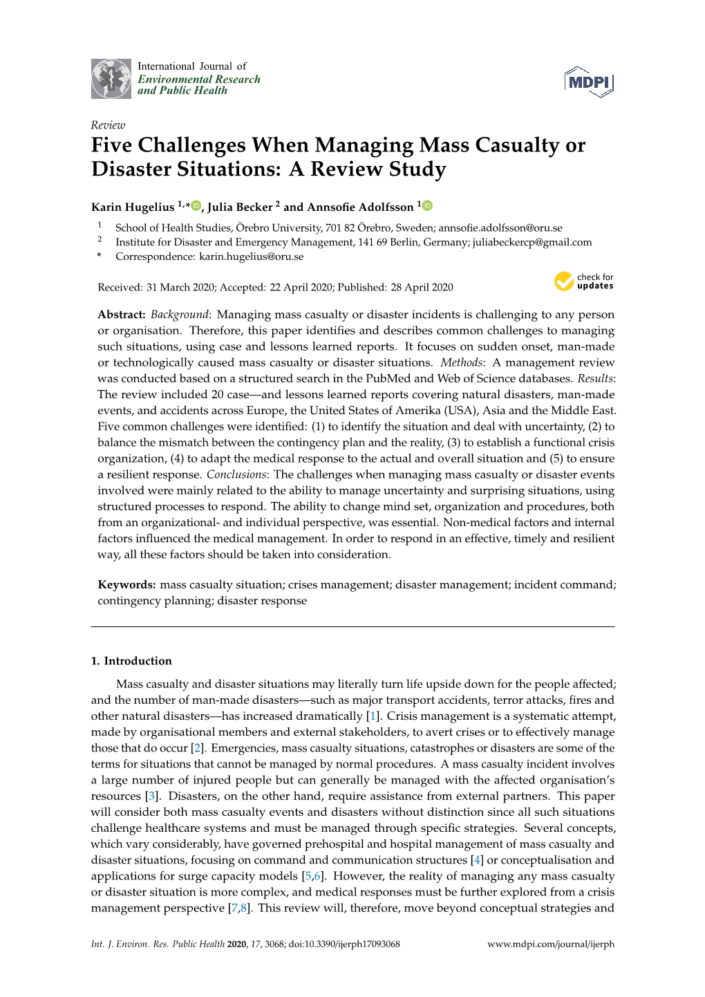 Five Challenges When Managing Mass Casualty Or Disaster Situations: a Review Study