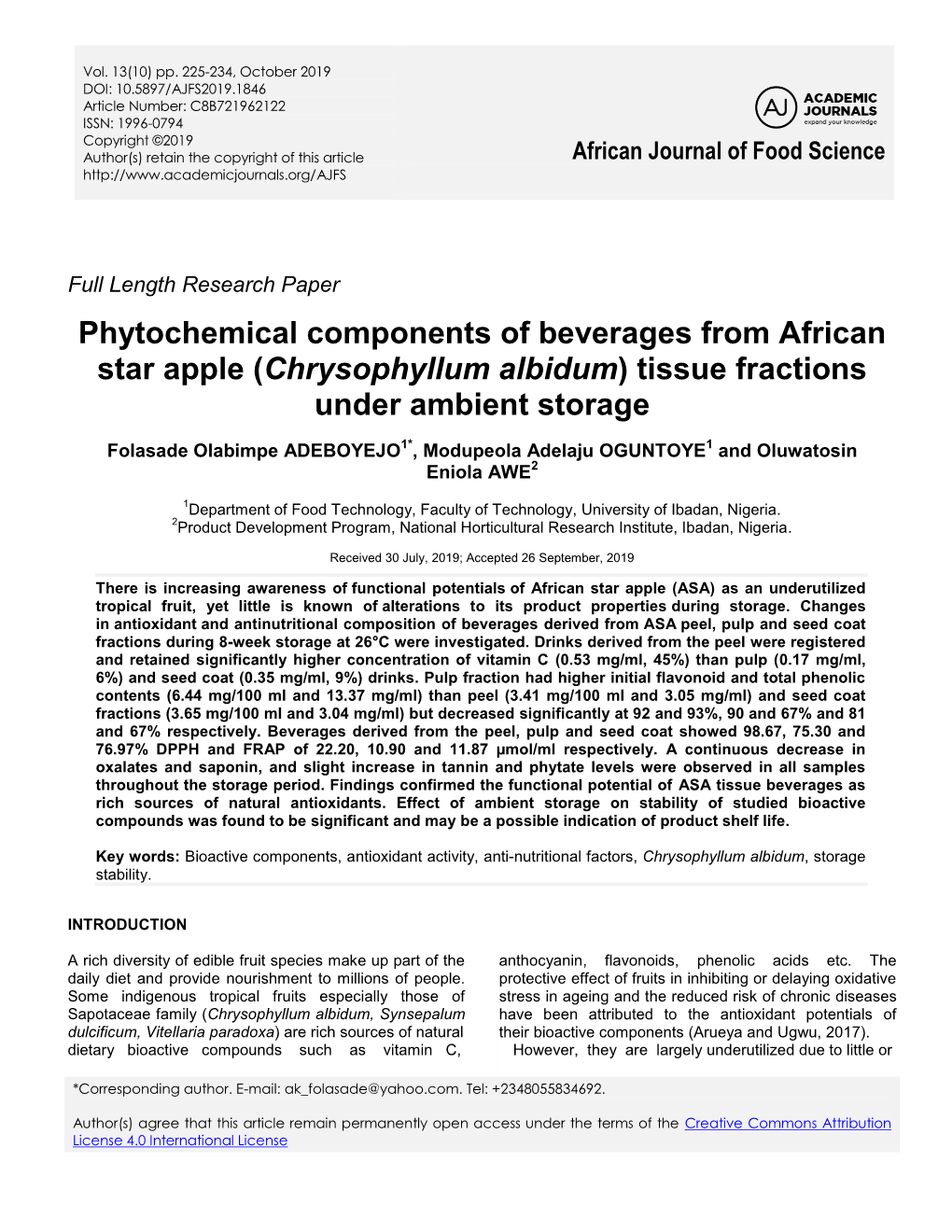 Phytochemical Components of Beverages from African Star Apple (Chrysophyllum Albidum) Tissue Fractions Under Ambient Storage