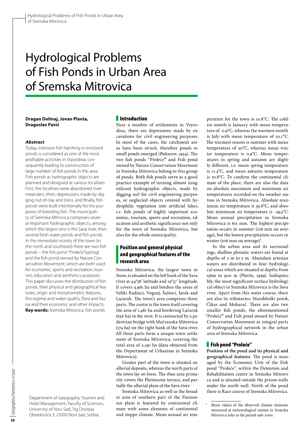 Hydrological Problems of Fish Ponds in Urban Area of Sremska Mitrovica