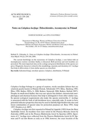 Notes on Caloplaca Lucifuga (Teloschistales, Ascomycota) in Poland