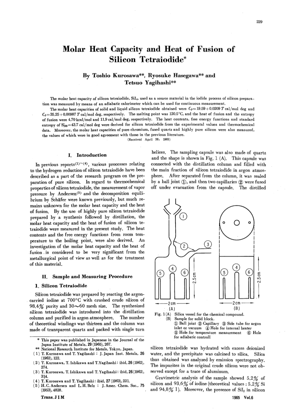 Molar Heat Capacity and Heat of Fusion of Silicon Tetraiodide*