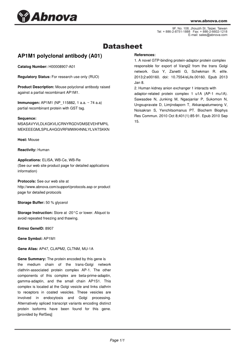 AP1M1 Polyclonal Antibody (A01) References: 1